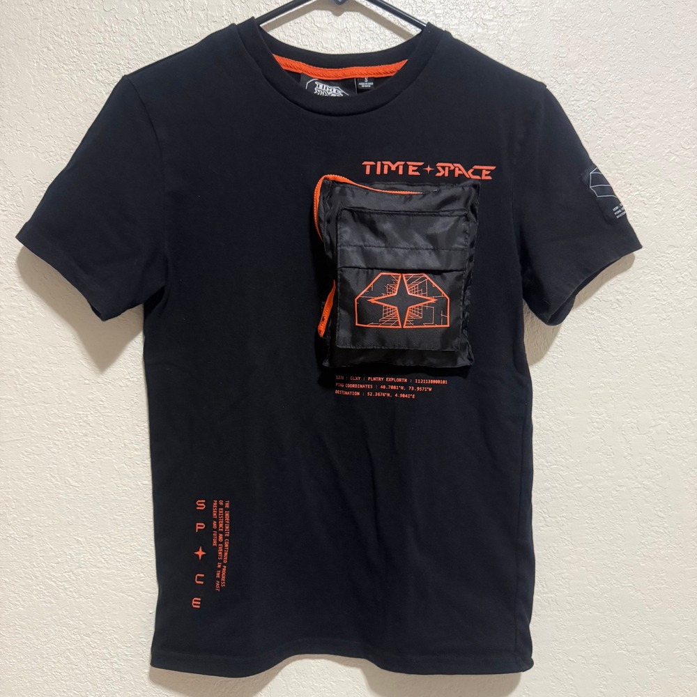 Time Space Mens Graphic T-Shirt Black Orange 3D Cargo Pocket‎ Small Streetwear